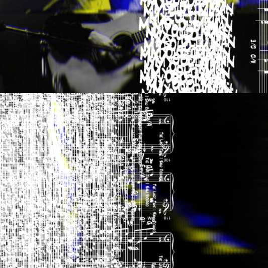 crop from the joni suites. white music notation layered over black, yellow, and white glitched photographs